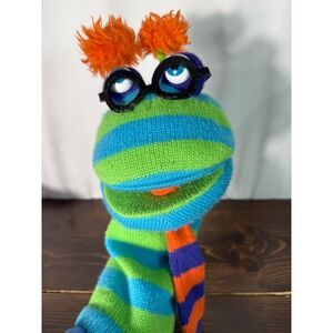 The Puppet Company Knitted Sock Puppet Blue Green Stripes Glasses Squeaker
